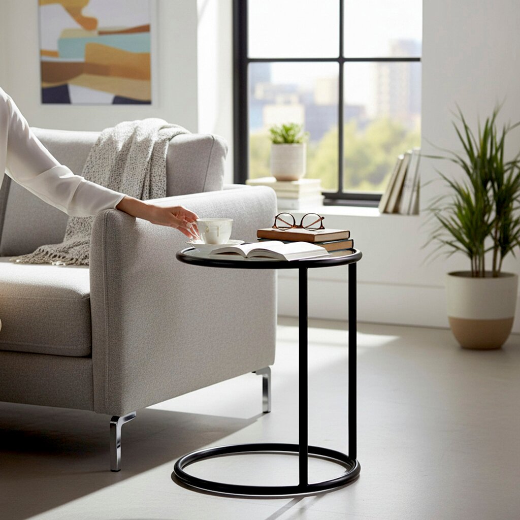 Schwarzer, runder Beistelltisch aus Metall neben einem grauen Sofa, mit Tasse, offenem Buch und Brille auf der Tischplatte Perspektive: seitliche Ansicht auf Augenhöhe im hellen Wohnzimmer.