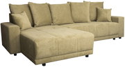 Beige Ecksofa mit mehreren Kissen, Perspektive von vorne links