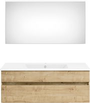 Moderne Badkombination mit großem Spiegel und Holzunterschrank, Frontalansicht