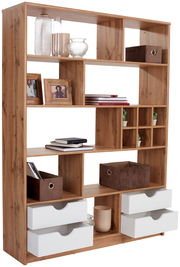 Raumteiler aus Holz mit mehreren Fächern, dekoriert mit Büchern, Bilderrahmen und Pflanzen, aus einer leicht seitlichen Perspektive.