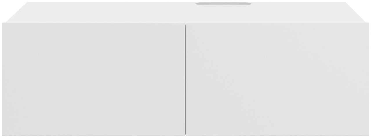 Frontansicht eines weißen TV-Hängelowboards mit zwei Türen.