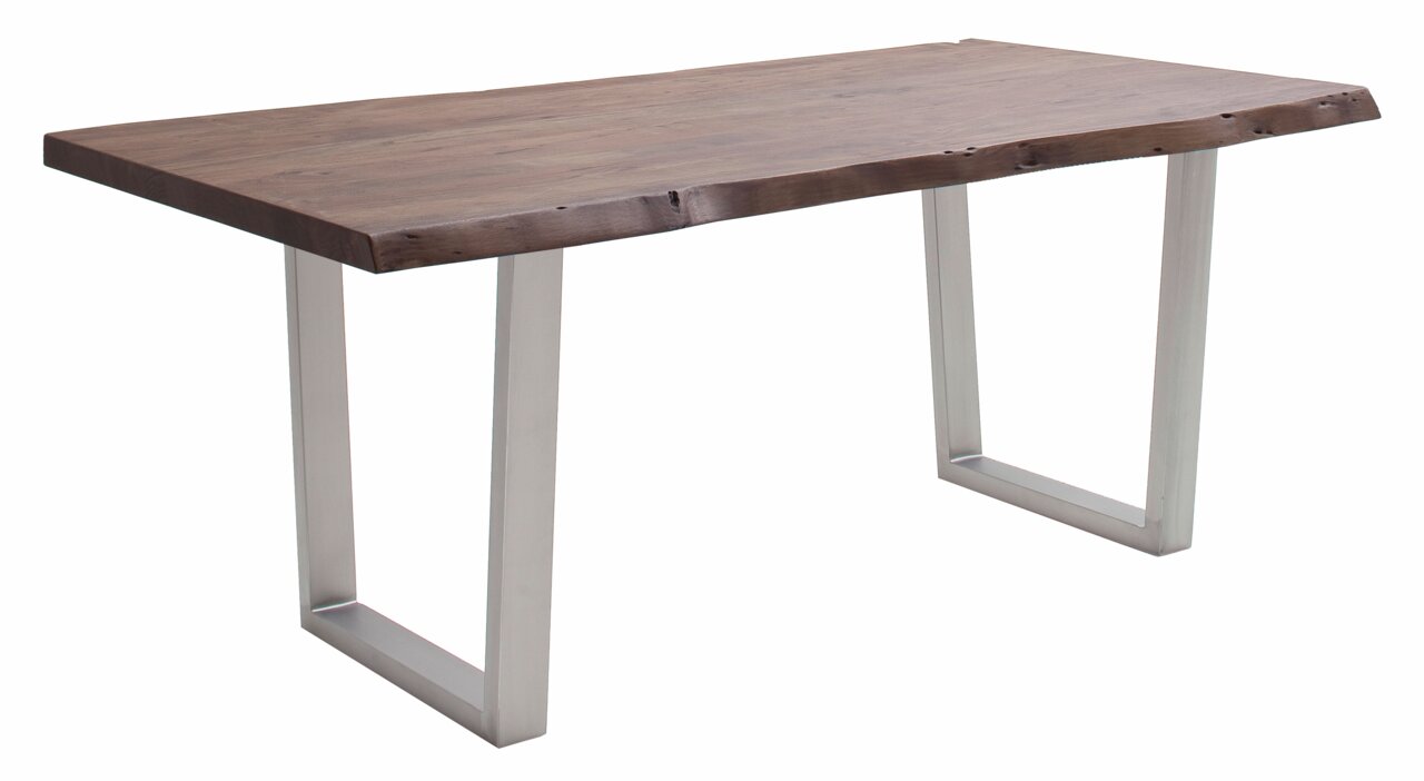 Moderne eettafel met een blad van natuurlijk hout en metalen poten, zijaanzicht