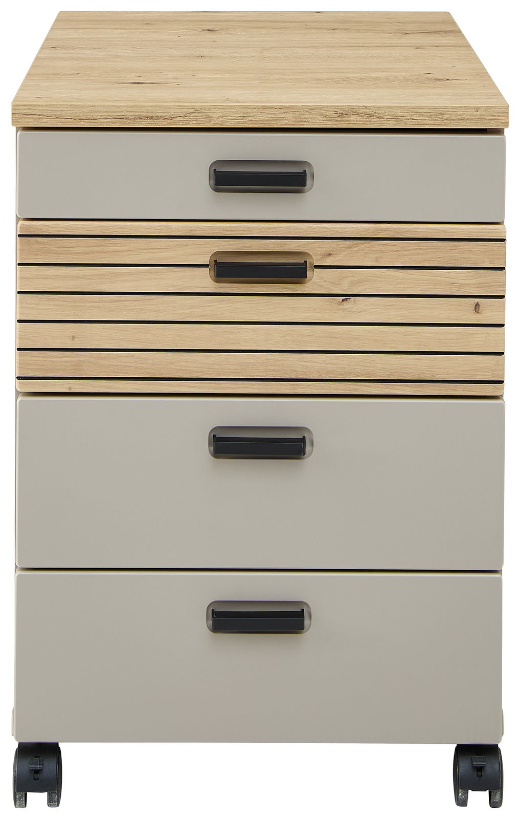 Rollcontainer mit vier Schubladen in Holzoptik und grauer Front, auf Rollen, Frontalansicht
