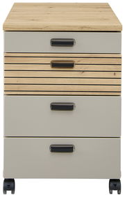 Rollcontainer mit vier Schubladen in Holzoptik und grauer Front, auf Rollen, Frontalansicht