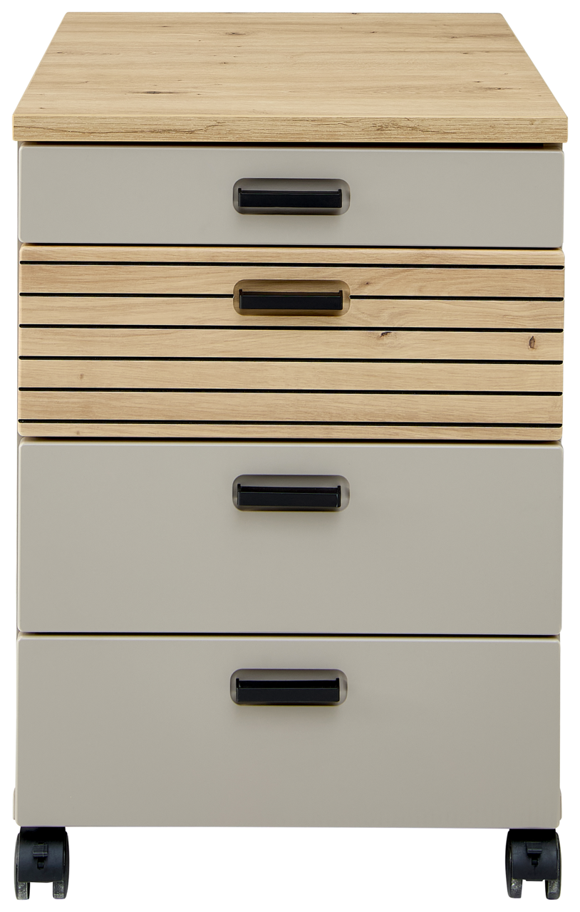 Rollcontainer mit vier Schubladen in Holzoptik und grauer Front, auf Rollen, Frontalansicht