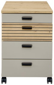 Rollcontainer mit vier Schubladen in Holzoptik und grauer Front, auf Rollen, Frontalansicht