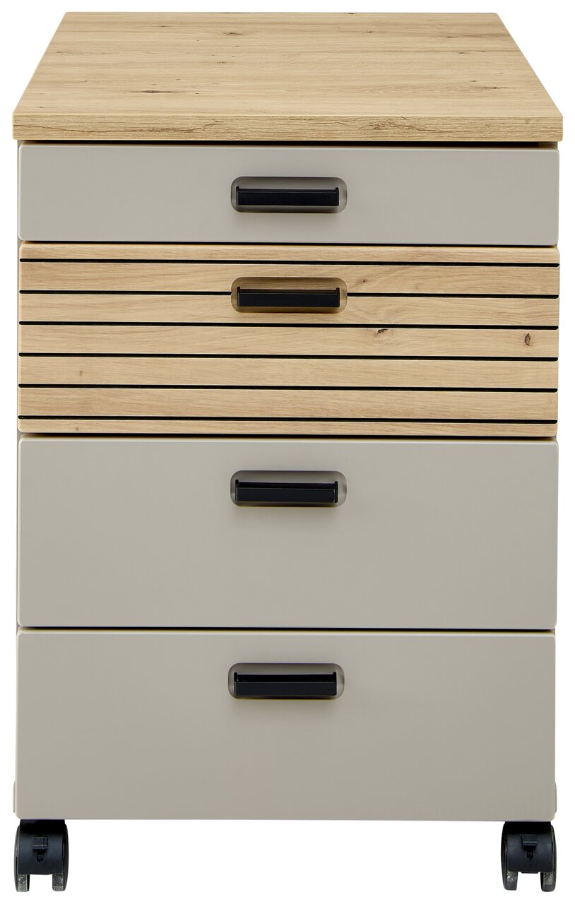Rollcontainer mit vier Schubladen in Holzoptik und grauer Front, auf Rollen, Frontalansicht