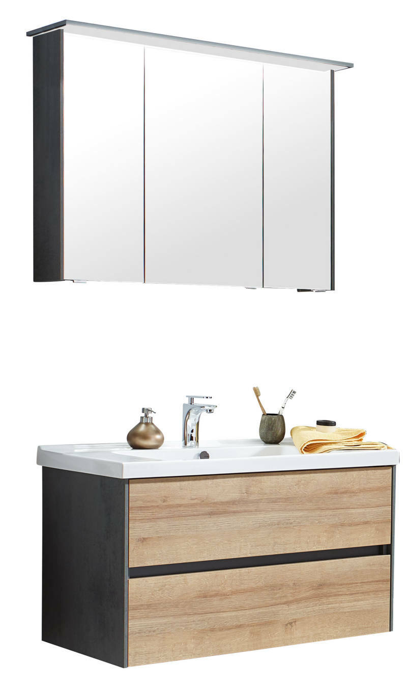 Dieter Knoll Badkombination 3-tlg. LORETO Moderne Badkombination mit Spiegelschrank und Waschtisch in Holzoptik, Frontalansicht