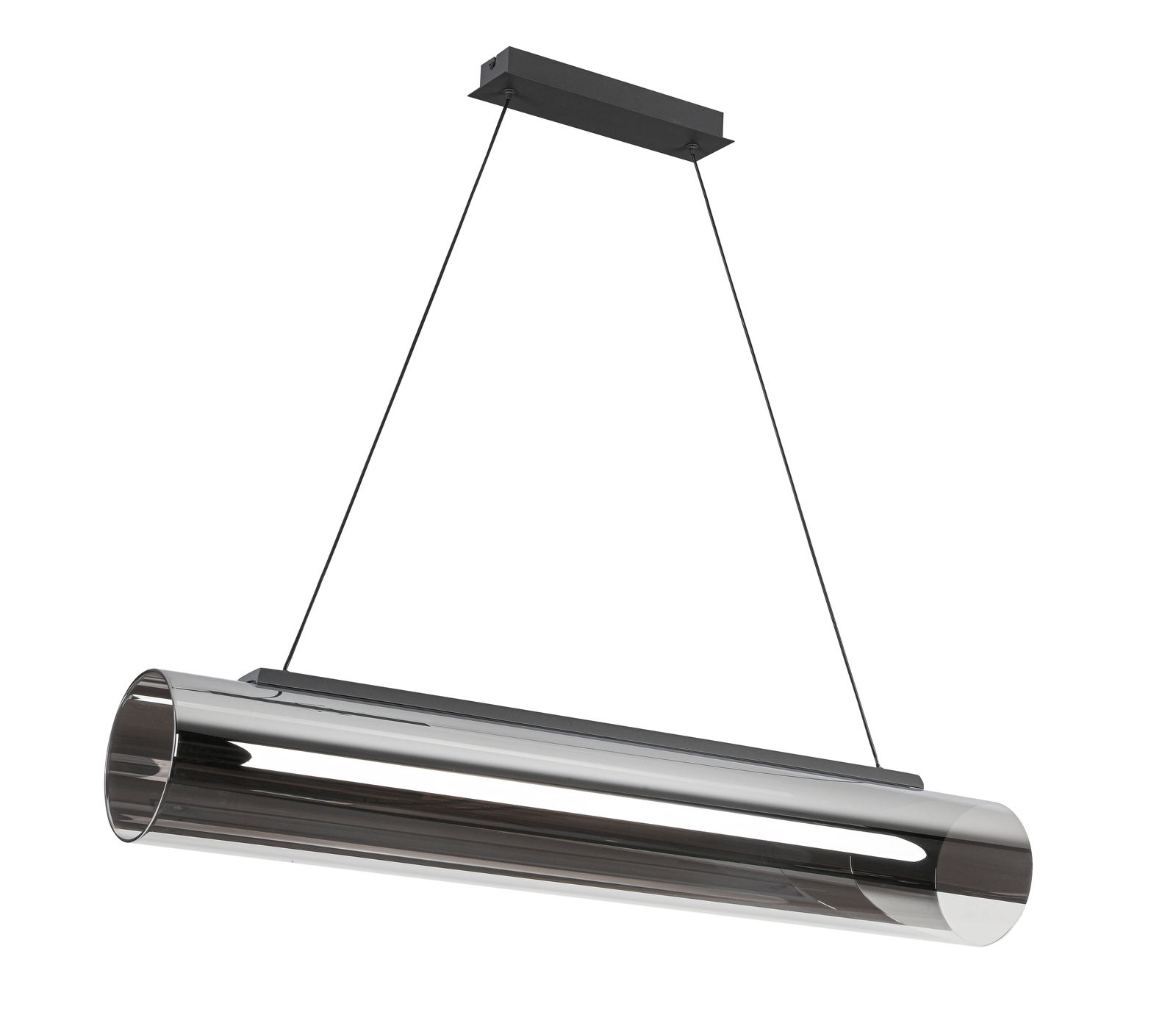 Moderne LED-Hängeleuchte in zylindrischer Form aus Metall, seitliche Perspektive