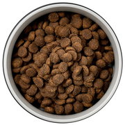 Vogelperspektive auf einen Napf mit braunem Trockenfutter, geeignet für Haustiere.