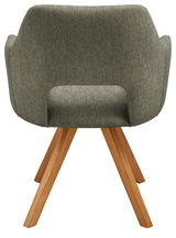 Rückansicht eines Sessels mit grünem Stoffbezug und Holzbeinen.