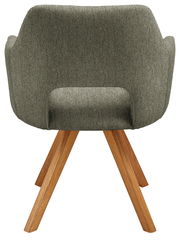 Rückansicht eines Sessels mit grünem Stoffbezug und Holzbeinen.