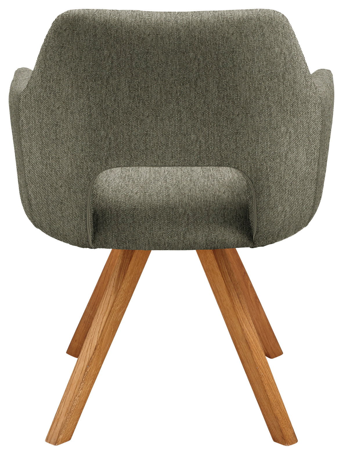 Rückansicht eines Sessels mit grünem Stoffbezug und Holzbeinen.