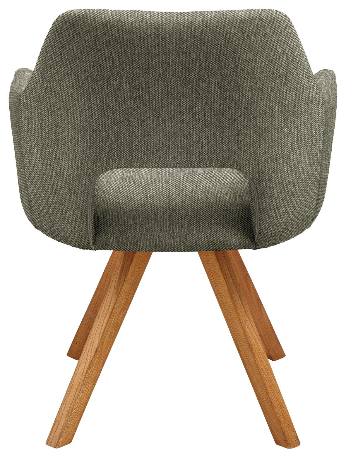 Rückansicht eines Sessels mit grünem Stoffbezug und Holzbeinen.