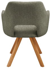 Rückansicht eines Sessels mit grünem Stoffbezug und Holzbeinen.