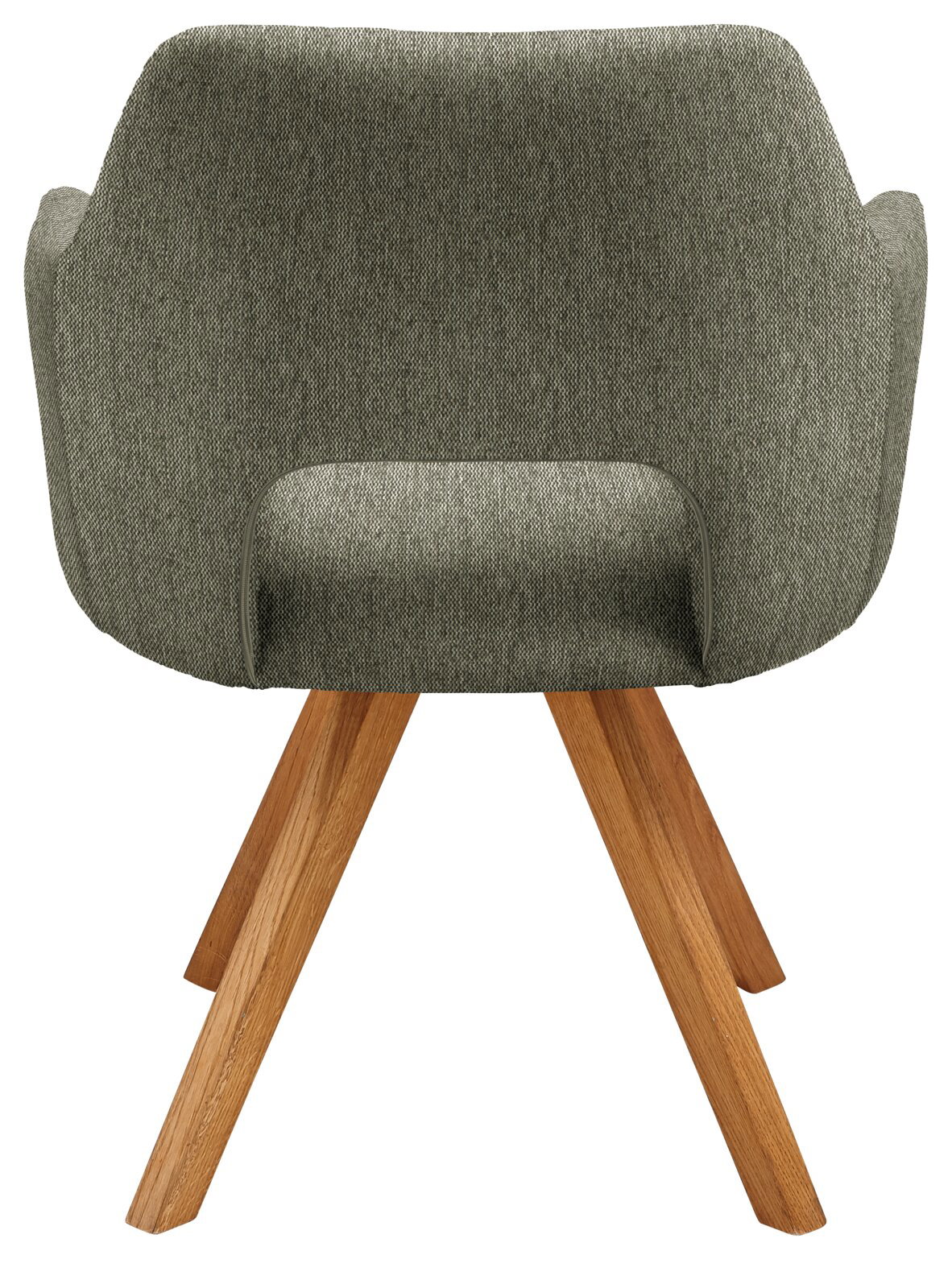 Rückansicht eines Sessels mit grünem Stoffbezug und Holzbeinen.