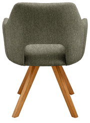 Rückansicht eines Sessels mit grünem Stoffbezug und Holzbeinen.