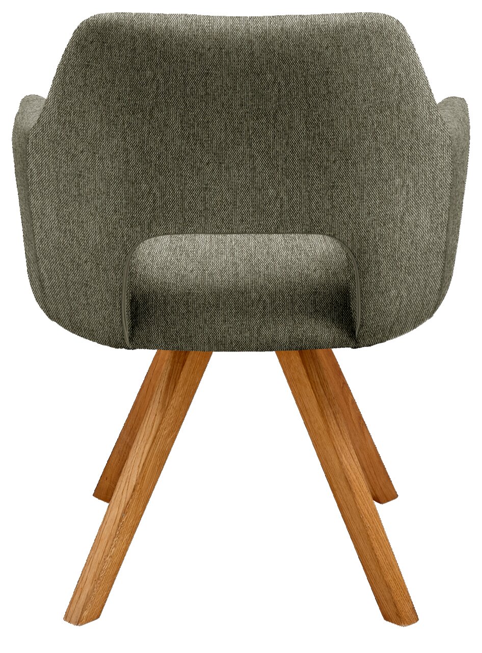 Rückansicht eines Sessels mit grünem Stoffbezug und Holzbeinen.