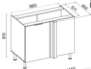 Technische Zeichnung eines Küchen-Unterschranks mit zwei Türen und Stellfüßen, Maße ca. 985 x 650 x 870 mm, Perspektive: isometrische Schrägansicht von vorne