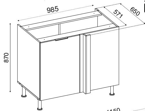 Technische Zeichnung eines Küchen-Unterschranks mit zwei Türen und Stellfüßen, Maße ca. 985 x 650 x 870 mm, Perspektive: isometrische Schrägansicht von vorne