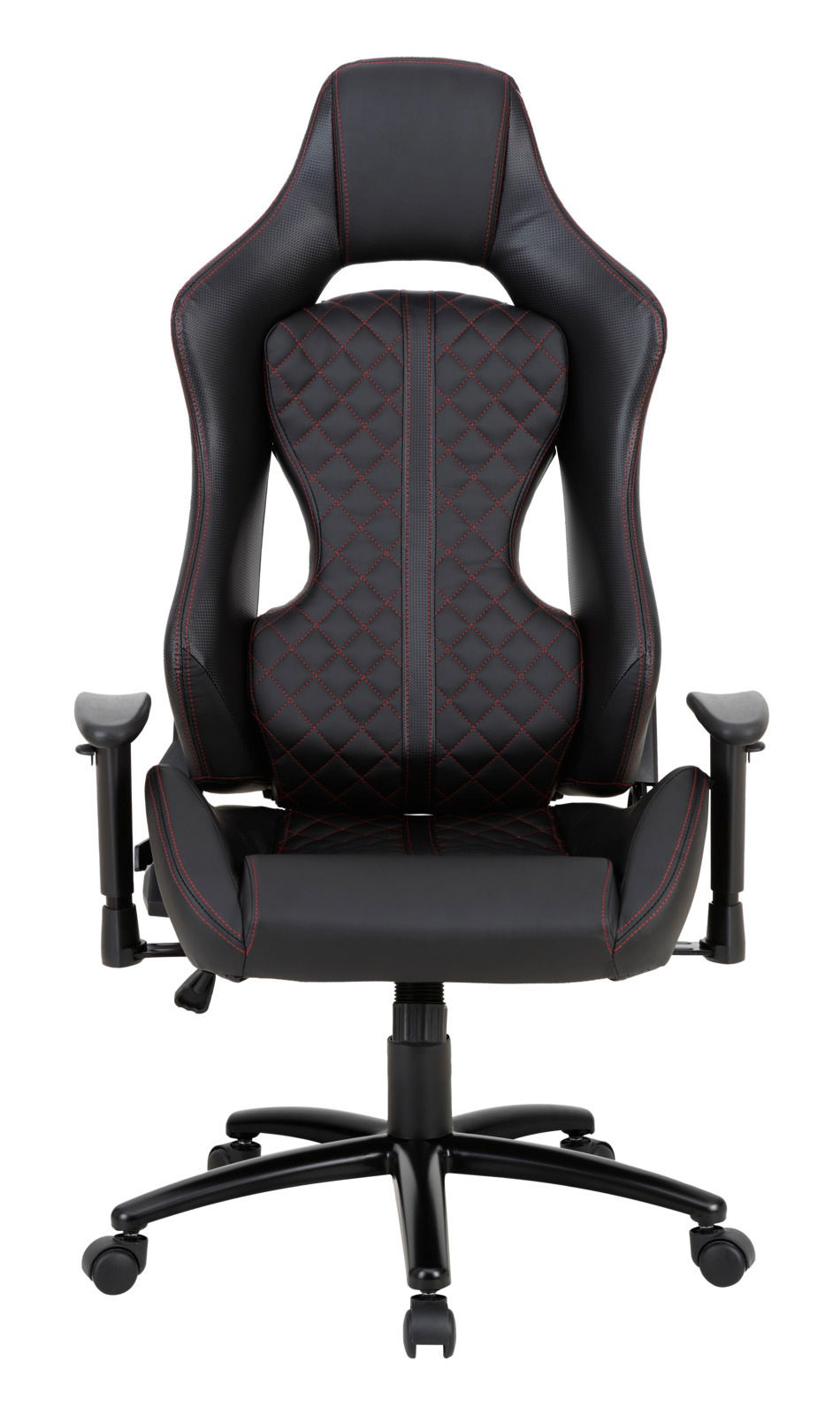 Gaming Stuhl in schwarzem Leder mit roten Nähten, Vorderansicht
