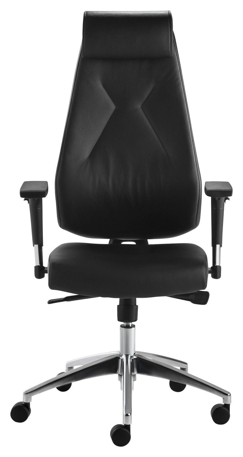 Schwarzer Chefsessel aus Leder mit verstellbaren Armlehnen und Chromfußkreuz, Frontalansicht