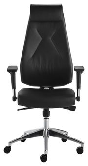 Schwarzer Chefsessel aus Leder mit verstellbaren Armlehnen und Chromfußkreuz, Frontalansicht