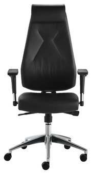 Schwarzer Chefsessel aus Leder mit verstellbaren Armlehnen und Chromfußkreuz, Frontalansicht