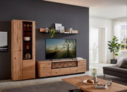 Wandboard aus Holz in einem modernen Wohnzimmer, frontal betrachtet, dekoriert mit Pflanzen und Büchern.