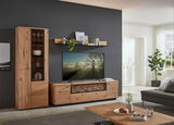 Wandboard aus Holz in einem modernen Wohnzimmer, frontal betrachtet, dekoriert mit Pflanzen und Büchern.