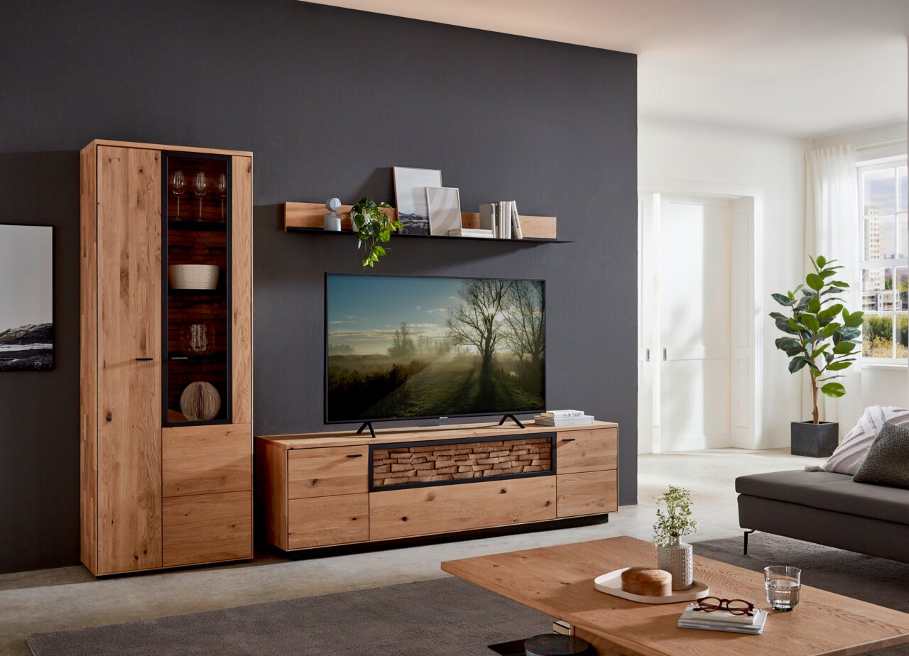 Wandboard aus Holz in einem modernen Wohnzimmer, frontal betrachtet, dekoriert mit Pflanzen und Büchern.