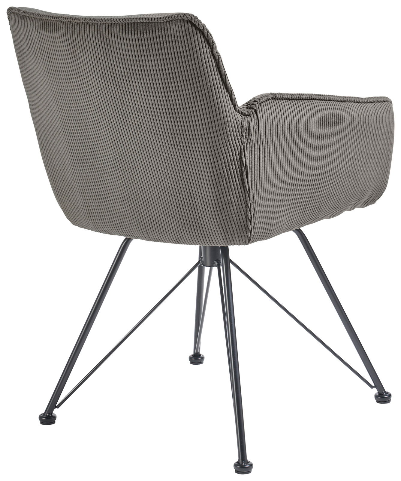 Rückansicht eines grauen Armlehnstuhls mit Metallbeinen, perspektivisch von hinten links aufgenommen.