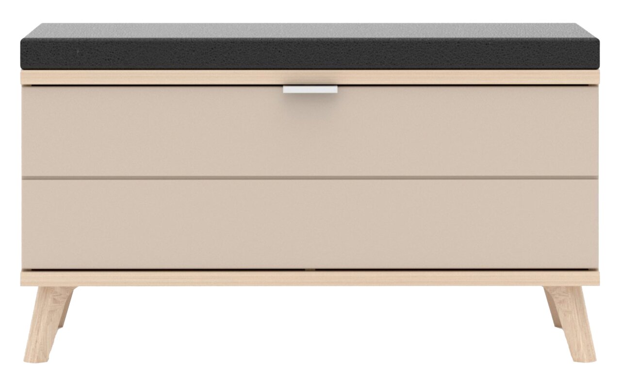 Frontale Ansicht einer modernen Garderobenbank mit beigem Korpus, schwarzer Sitzfläche und Holzbeinen.