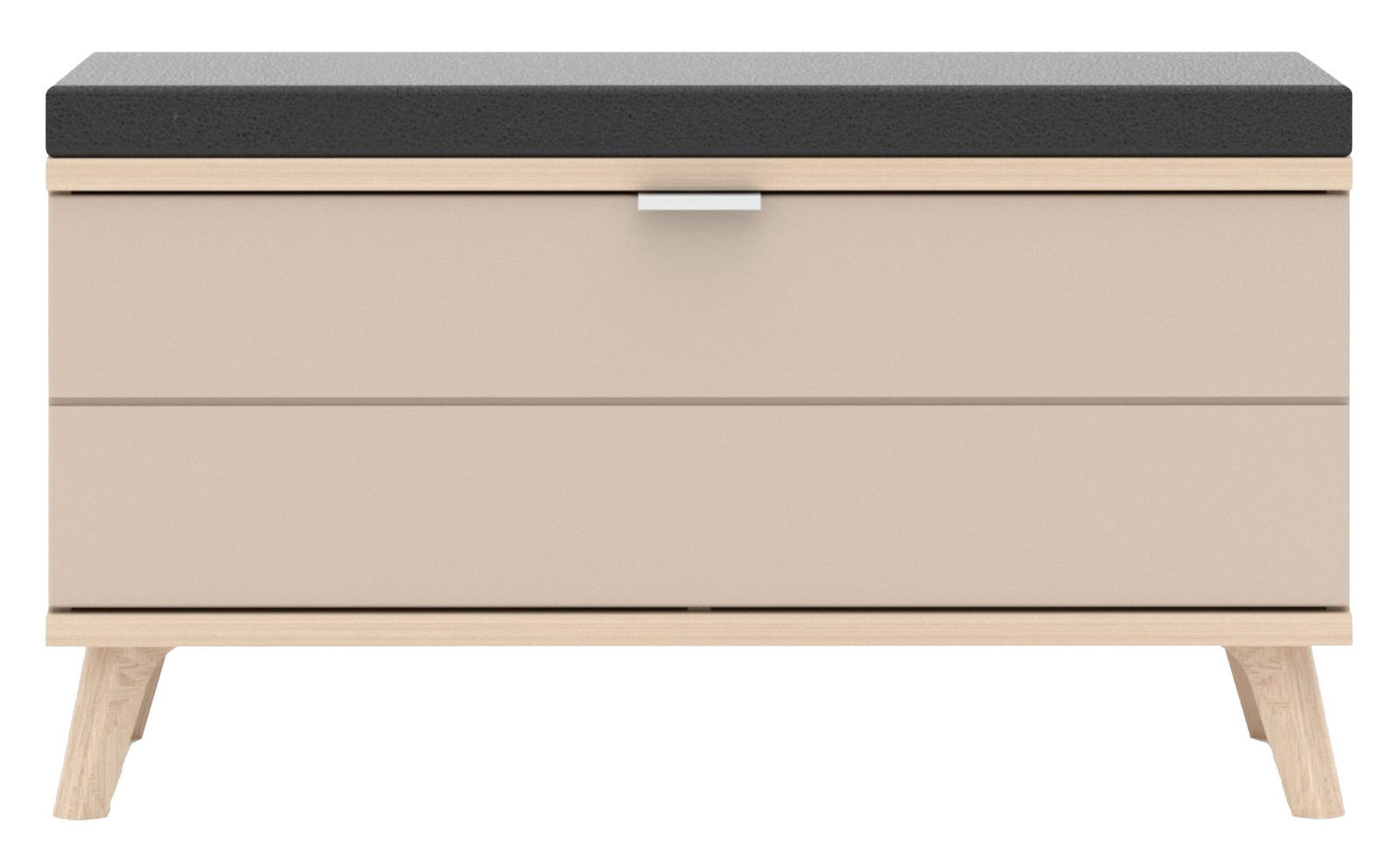 Frontale Ansicht einer modernen Garderobenbank mit beigem Korpus, schwarzer Sitzfläche und Holzbeinen.