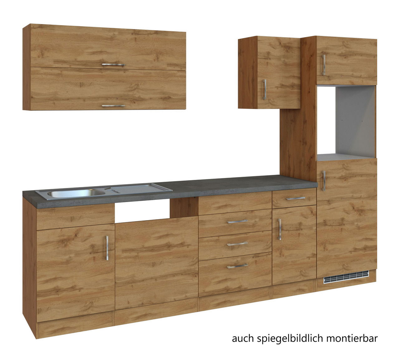Küchenzeile in Holzoptik mit mehreren Schränken und Schubladen, inklusive Spüle und Arbeitsplatte, frontale Ansicht