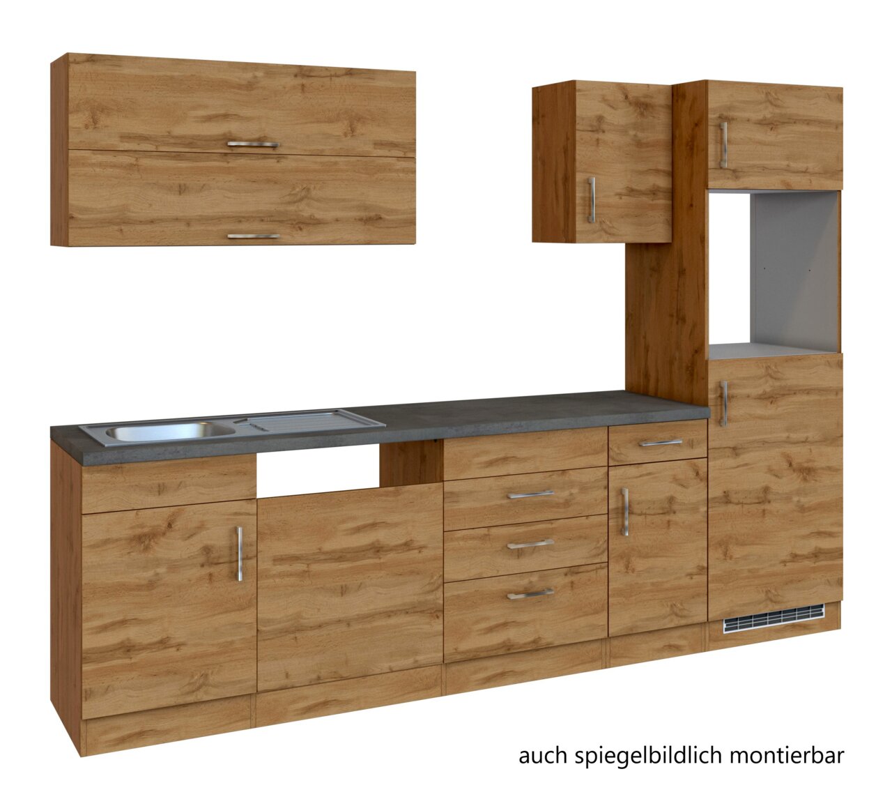 Held Möbel Küchenzeile SORRENTO Küchenzeile in Holzoptik mit mehreren Schränken und Schubladen, inklusive Spüle und Arbeitsplatte, frontale Ansicht