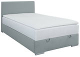 Boxbett 120 in grauem Stoffbezug, seitliche Perspektive