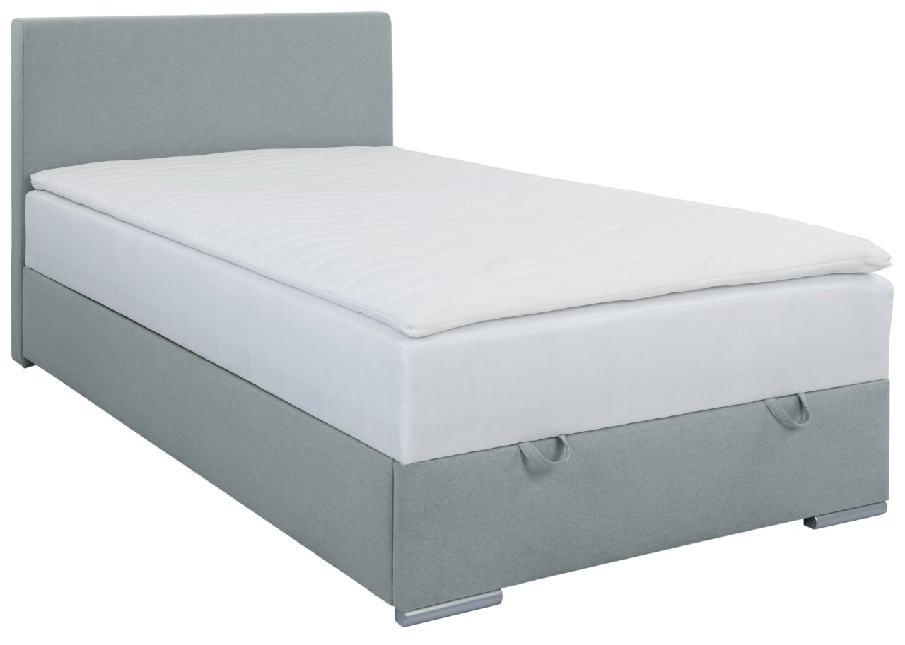 Boxbett 120 in grauem Stoffbezug, seitliche Perspektive
