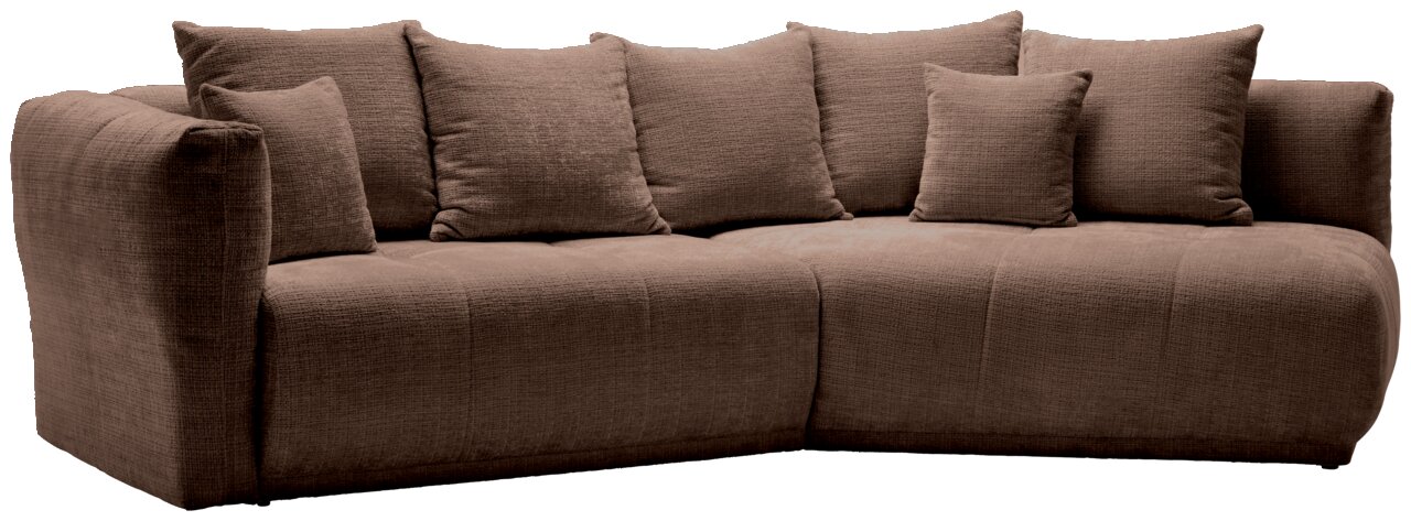 Braunes Ecksofa mit mehreren Kissen, Perspektive von vorne links