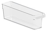 Transparenter Kühlschrankorganizer aus Kunststoff mit rechteckiger Form, seitliche Perspektive