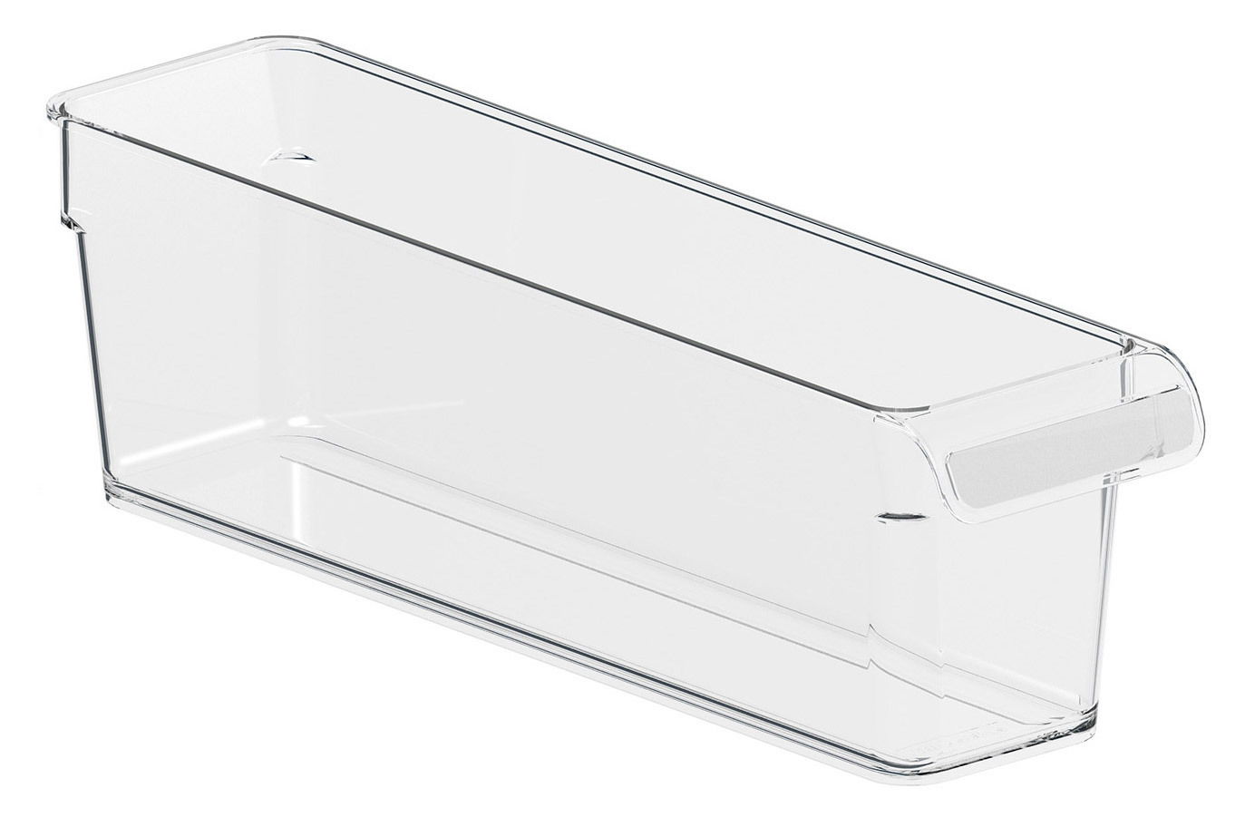 Transparenter Kühlschrankorganizer aus Kunststoff mit rechteckiger Form, seitliche Perspektive