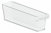 Transparenter Kühlschrankorganizer aus Kunststoff mit rechteckiger Form, seitliche Perspektive