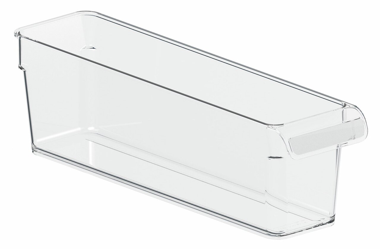 Transparenter Kühlschrankorganizer aus Kunststoff mit rechteckiger Form, seitliche Perspektive
