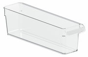Transparenter Kühlschrankorganizer aus Kunststoff mit rechteckiger Form, seitliche Perspektive