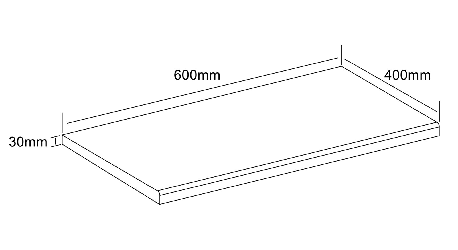 Isometrische Perspektive: rechteckige Platte/Board mit abgerundeten Kanten, Maße 600 x 400 mm und 30 mm Stärke, als technische Skizze dargestellt.