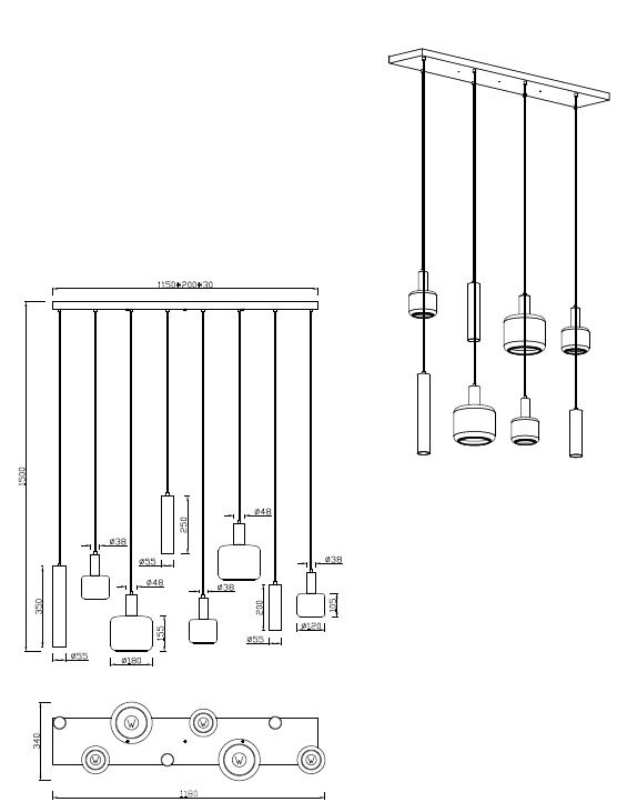 Technische maattekening van een moderne lineaire hanglamp met zes cilindervormige pendels op verschillende hoogtes, weergegeven in voor-, boven- en perspectiefaanzicht.