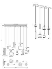 Technische maattekening van een moderne lineaire hanglamp met zes cilindervormige pendels op verschillende hoogtes, weergegeven in voor-, boven- en perspectiefaanzicht.