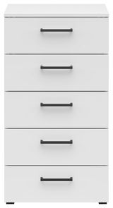 Weiße Kommode mit fünf Schubladen und schwarzen Griffen, Frontalansicht