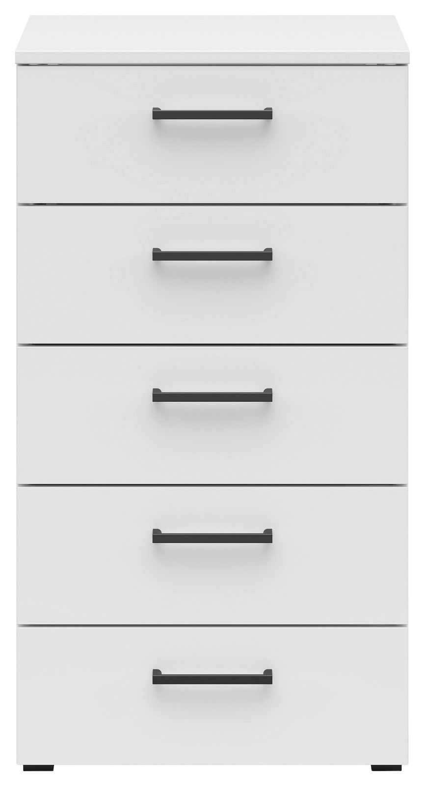 Weiße Kommode mit fünf Schubladen und schwarzen Griffen, Frontalansicht