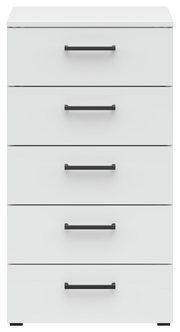 Weiße Kommode mit fünf Schubladen und schwarzen Griffen, Frontalansicht